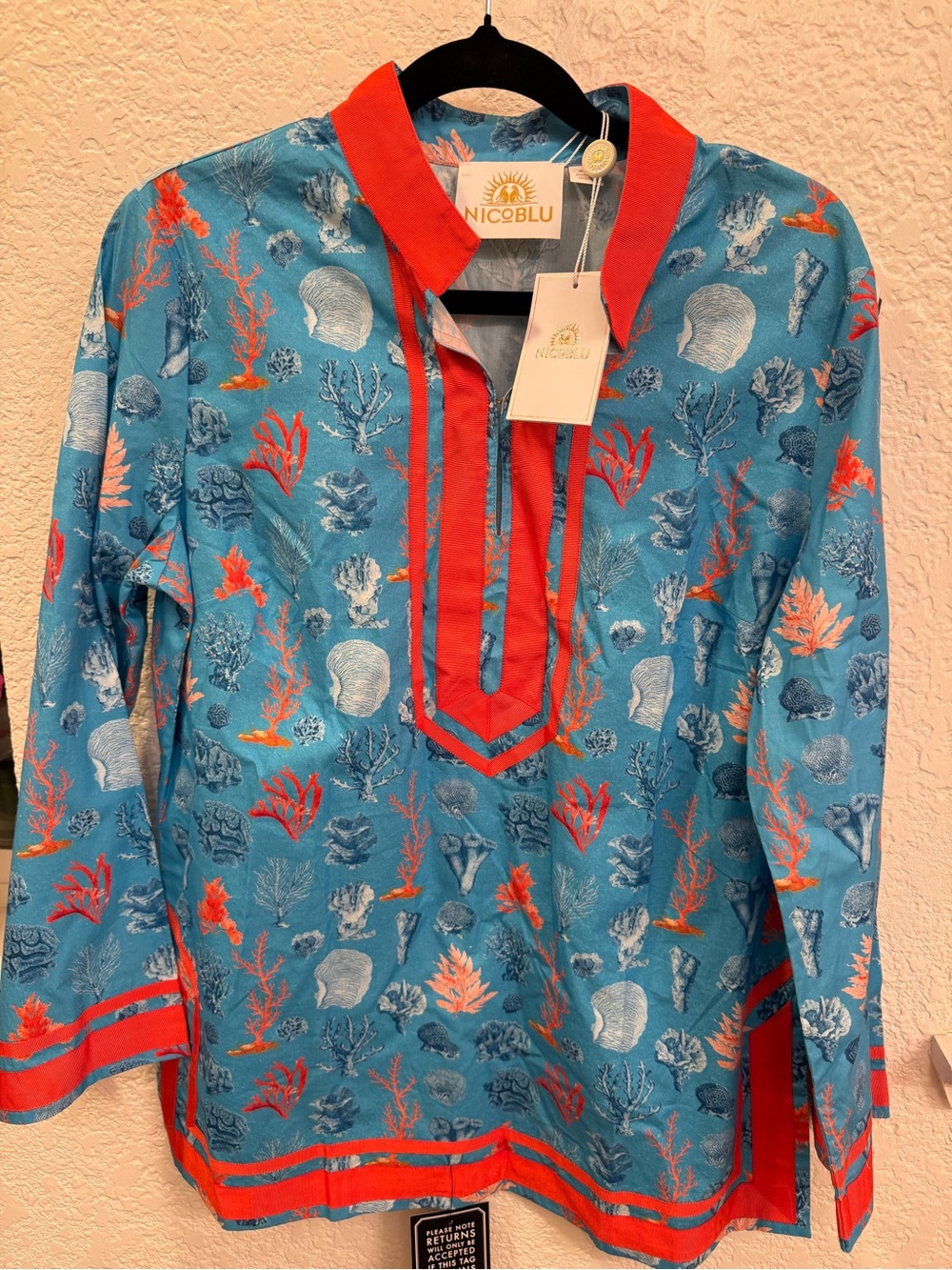 NICOBlu Coral Reef Capri Tunic Blouse U.S 8-10 💯% Cotton Luxury Wear NWT Rare